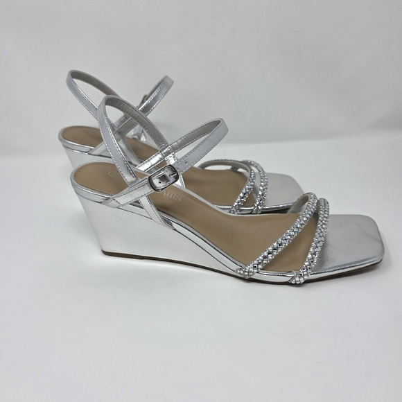 Womens Size 8.5 Silver Rhinestone Square Open Toe Strappy Wedge Sandals Elegant - Picture 4 of 10